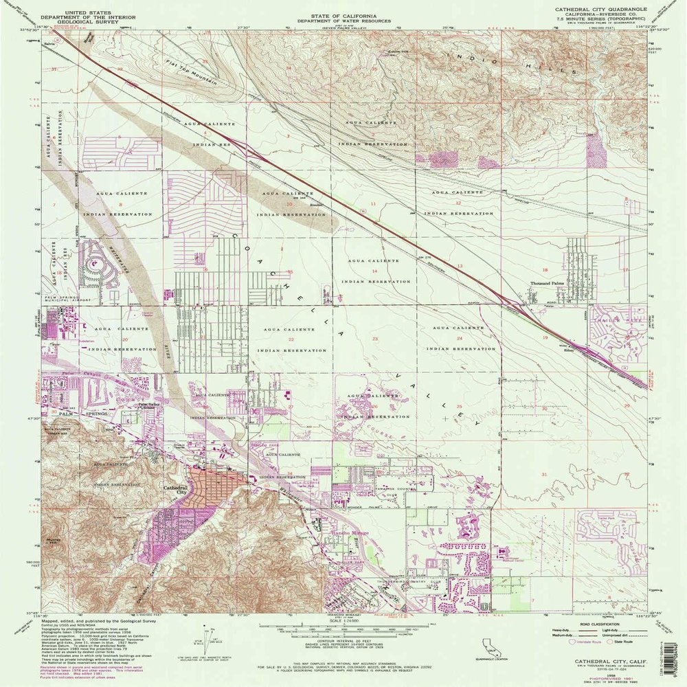 YellowMaps Cathedral City CA topo map, 1:24000 Scale, 7.5 X 7.5 Minute, Historical, 1958, Updated 1988, 26.8 x 21.5 in - Polypropylene