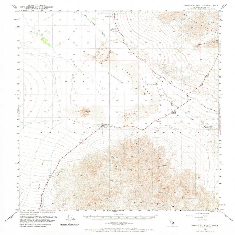 Stovepipe Wells CA topo map, 1:62500 Scale, 15 X 15 Minute, Historical, 1952, Updated 1969, 20.7 x 16.7 in - Polypropylene