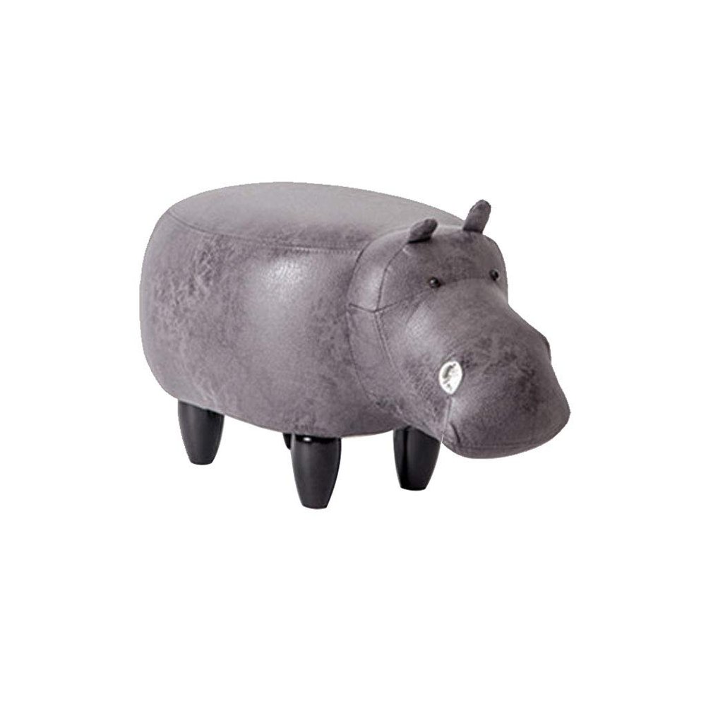 Solid Wood Animal Leather Stool Ottoman Creative & Cute Stool for Kids Toy Chest Chair for Children Footstool 4 Legs (Hippo)