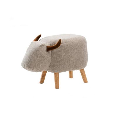 Solid Wood Animal Leather Stool Ottoman Creative & Cute Stool for Kids Toy Chest Chair for Children Solid Wood Footstool 4 Legs (Gray Cattle)