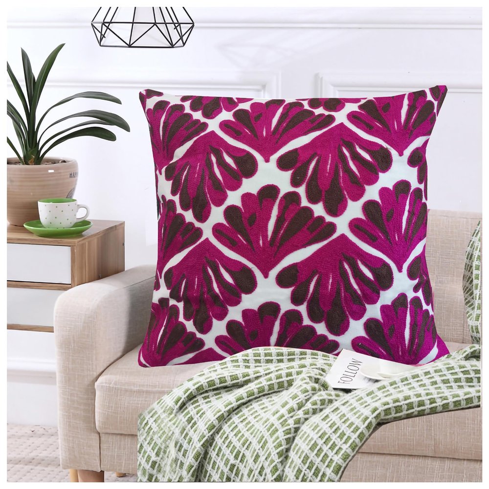 Decorative Floral Leaf Couch Bed Sofa Pillow Cover 1PC Tropical Plant Leaves Embroidered Throw Pillow Cover 17x17" Purple Brown and White Cotton Canvas Base Accent Pillow Cushion Shell 43x43cm
