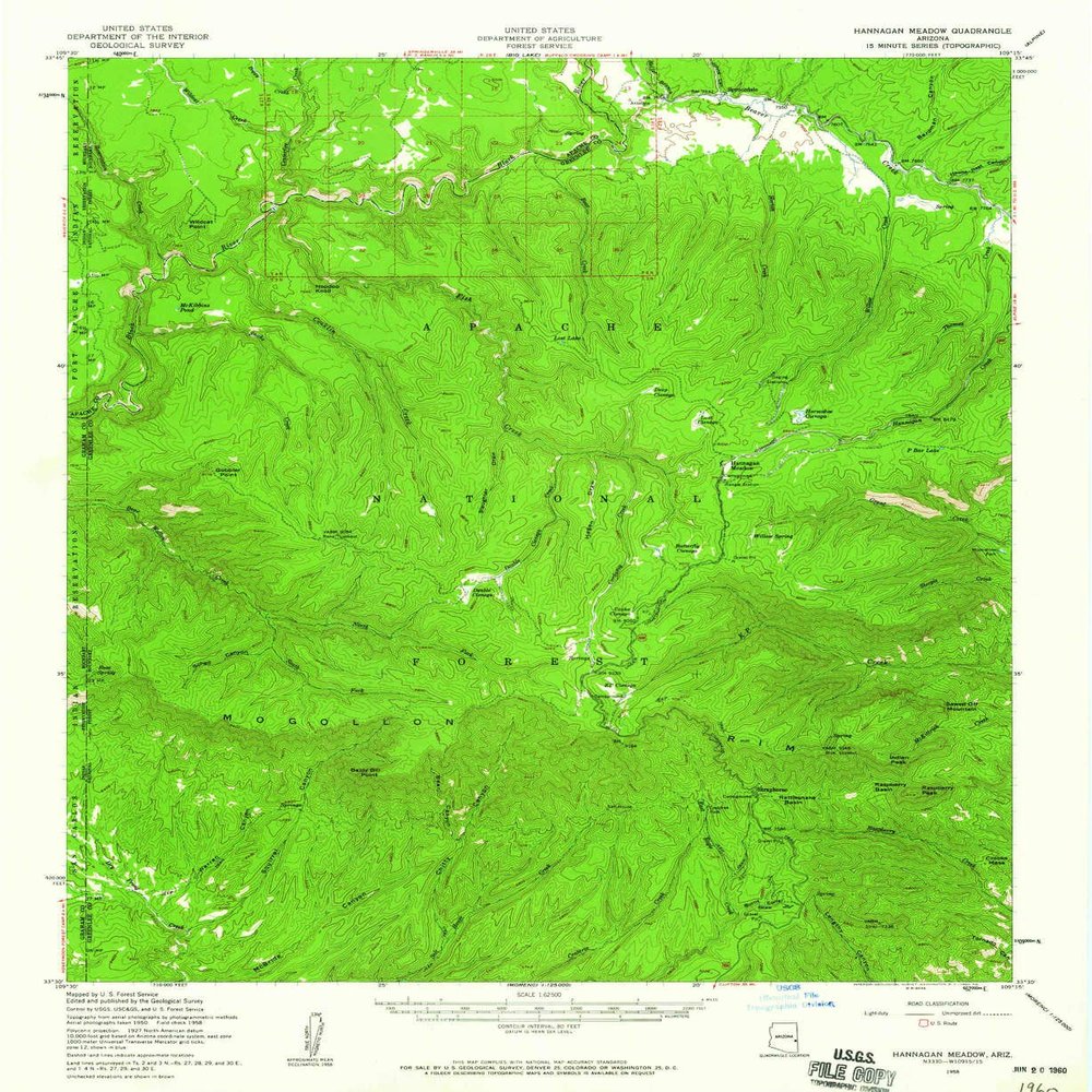 Hannagan Meadow AZ topo map, 1:62500 Scale, 15 X 15 Minute, Historical, 1958, Updated 1960, 20.6 x 16.9 in - Polypropylene
