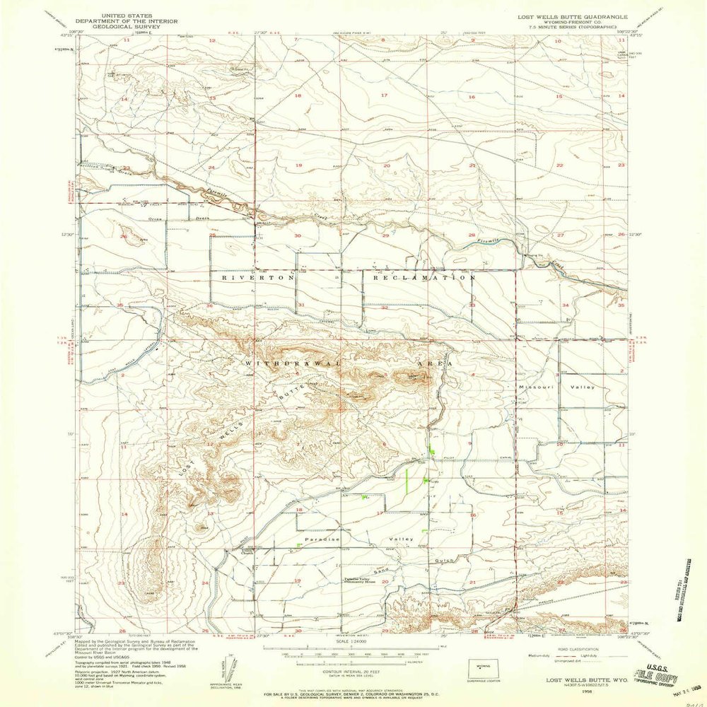 Lost Wells Butte WY topo map, 1:24000 Scale, 7.5 X 7.5 Minute, Historical, 1958, Updated 1959, 26.9 x 21.3 in - Polypropylene