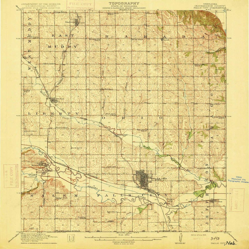 YellowMaps Falls City NE topo map, 1:62500 Scale, 15 X 15 Minute, Historical, 1915, 19.7 x 16.3 in - Polypropylene