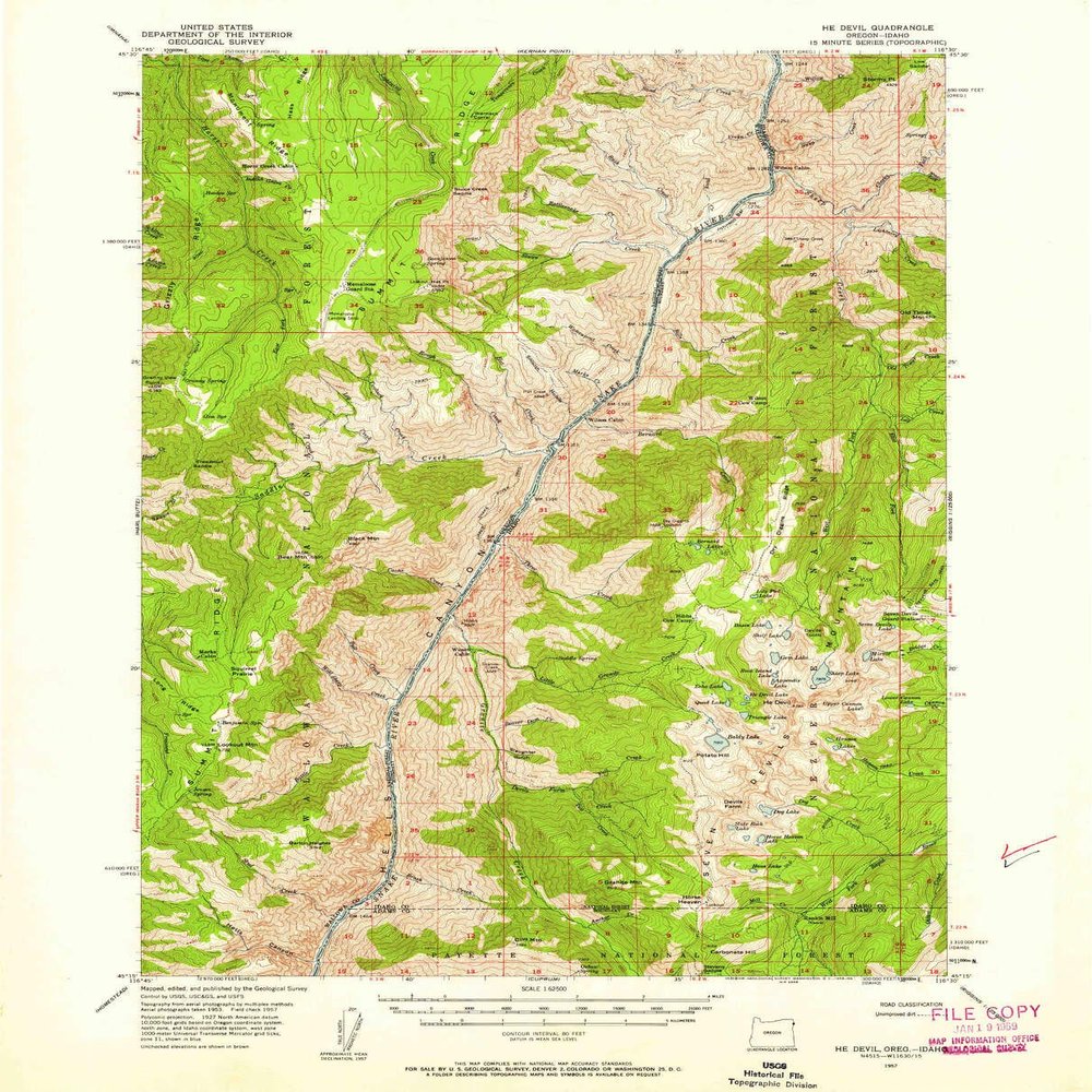 YellowMaps He Devil ID topo map, 1:62500 Scale, 15 X 15 Minute, Historical, 1957, Updated 1958, 20.7 x 16.7 in - Polypropylene