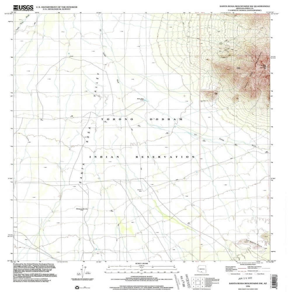 YellowMaps Santa Rosa Mountains SW AZ topo map, 1:24000 Scale, 7.5 X 7.5 Minute, Historical, 1996, Updated 2003, 26.9 x 22 in - Polypropylene