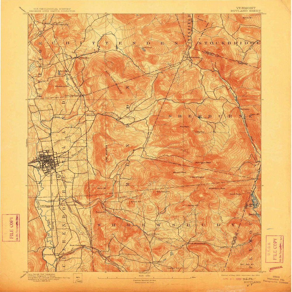 YellowMaps Rutland VT topo map, 1:62500 Scale, 15 X 15 Minute, Historical, 1893, Updated 1912, 19.8 x 16 in - Polypropylene