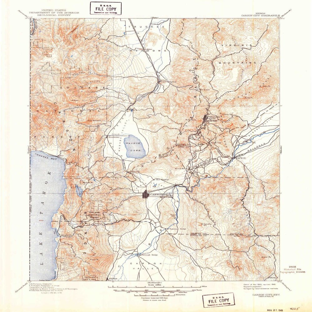 YellowMaps Carson City NV topo map, 1:125000 Scale, 30 X 30 Minute, Historical, 1893, Updated 1949, 20.8 x 17 in - Polypropylene