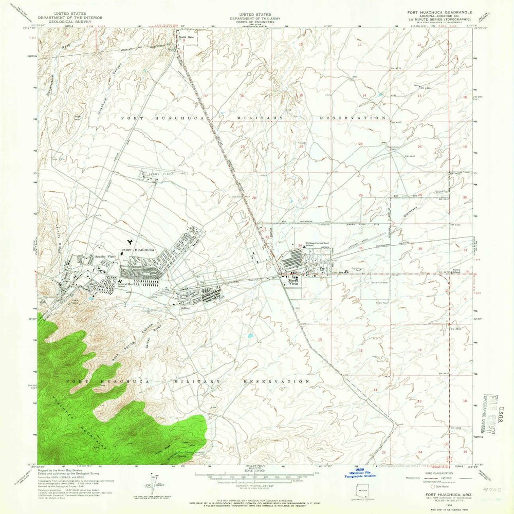 YellowMaps Fort Huachuca AZ topo map, 1:24000 Scale, 7.5 X 7.5 Minute, Historical, 1958, Updated 1966, 26.7 x 23 in - Polypropylene