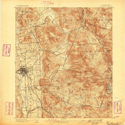 YellowMaps Rutland VT topo map, 1:62500 Scale, 15 X 15 Minute, Historical, 1893, Updated 1898, 19.8 x 16.5 in - Polypropylene