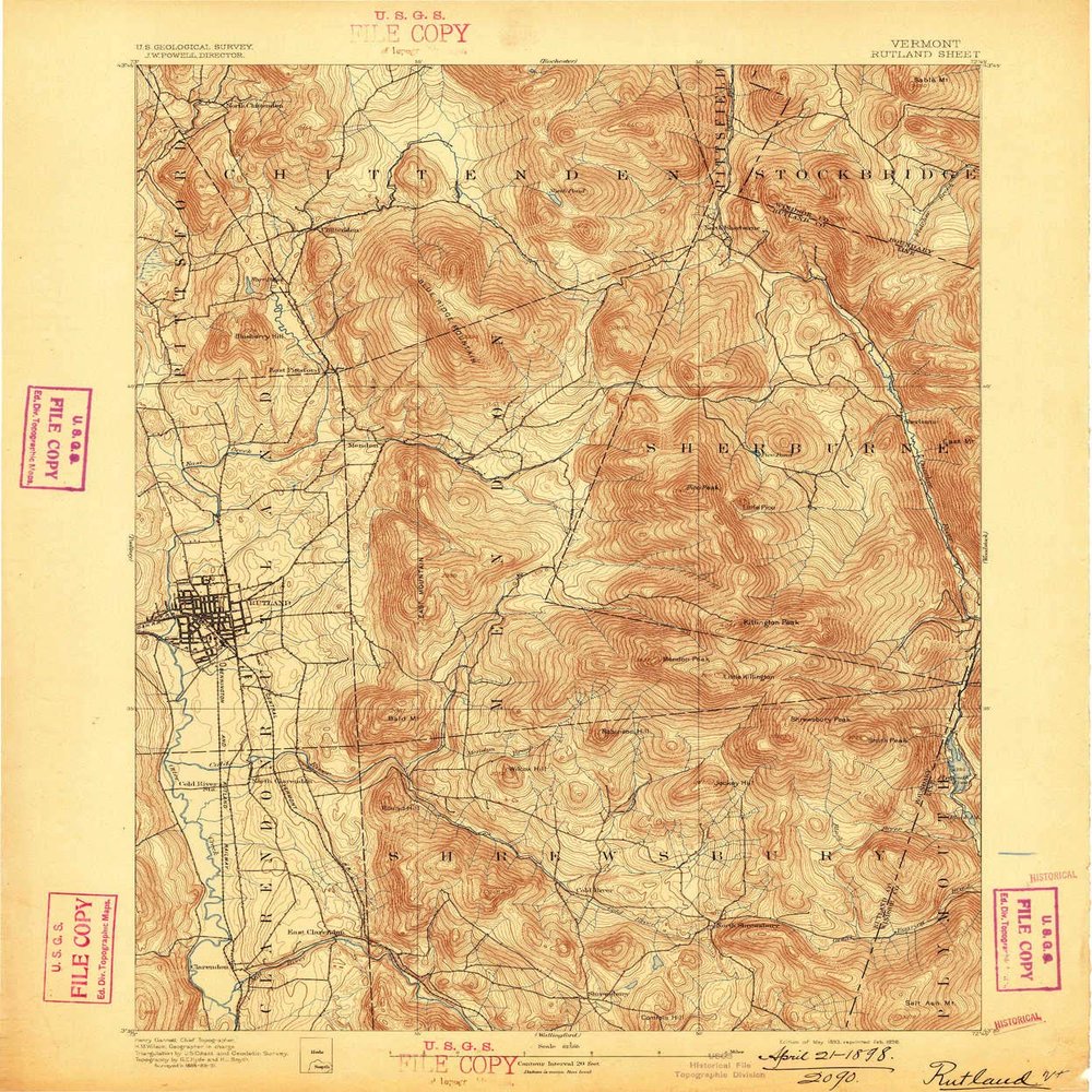 YellowMaps Rutland VT topo map, 1:62500 Scale, 15 X 15 Minute, Historical, 1893, Updated 1898, 19.8 x 16.5 in - Polypropylene