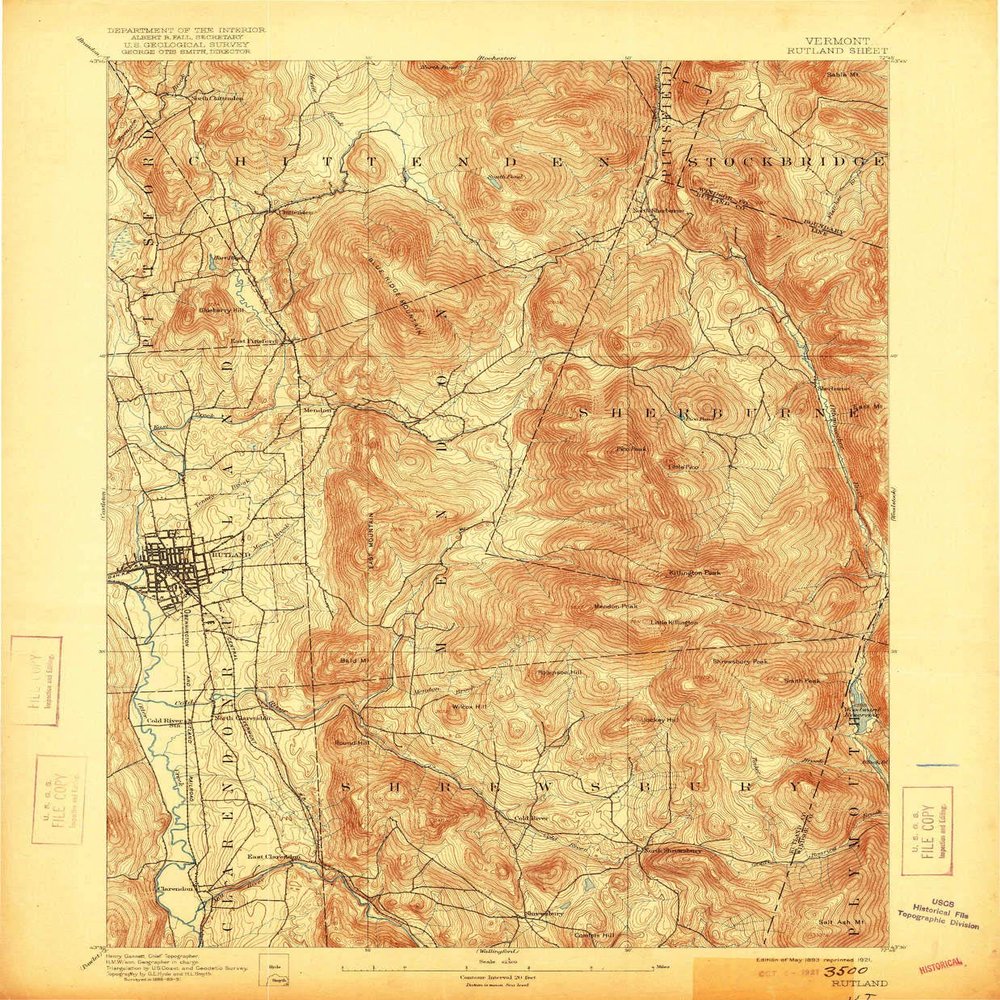 YellowMaps Rutland VT topo map, 1:62500 Scale, 15 X 15 Minute, Historical, 1893, Updated 1921, 19.7 x 16.3 in - Polypropylene