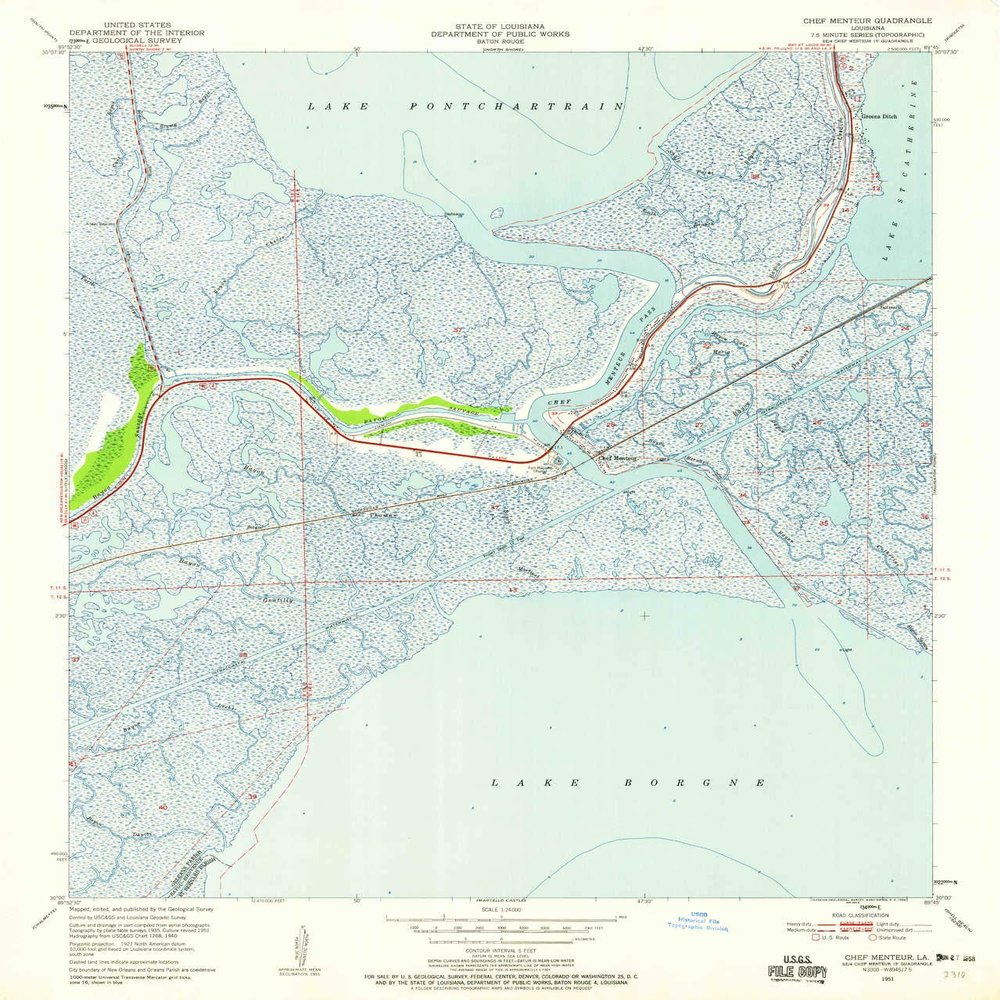 YellowMaps Chef Menteur LA topo map, 1:24000 Scale, 7.5 X 7.5 Minute, Historical, 1951, Updated 1958, 26.9 x 22.9 in - Polypropylene