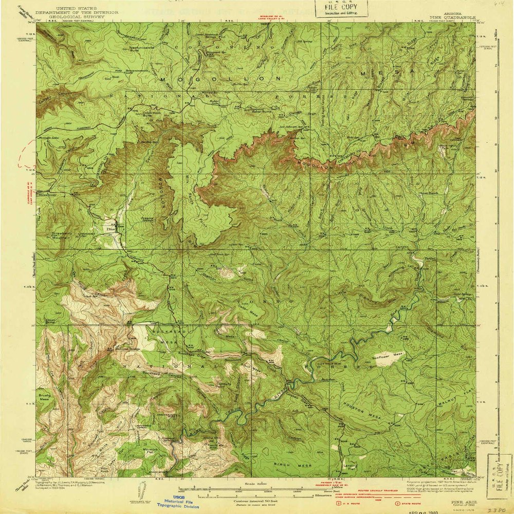 YellowMaps Pine AZ topo map, 1:62500 Scale, 15 X 15 Minute, Historical, 1940, 19.7 x 16.9 in - Polypropylene