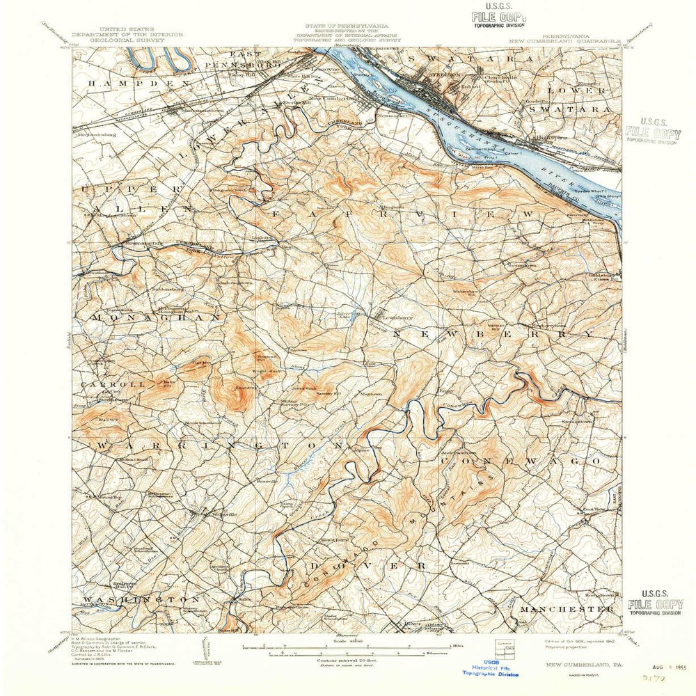 YellowMaps New Cumberland PA topo map, 1:62500 Scale, 15 X 15 Minute, Historical, 1906, Updated 1942, 20.8 x 17 in - Polypropylene