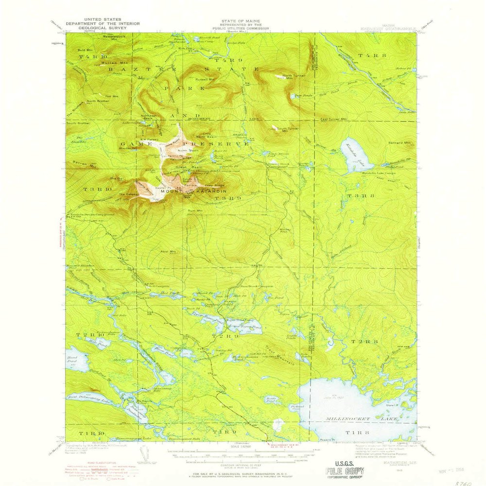 YellowMaps Katahdin ME topo map, 1:62500 Scale, 15 X 15 Minute, Historical, 1949, Updated 1958, 20.8 x 16.9 in - Polypropylene