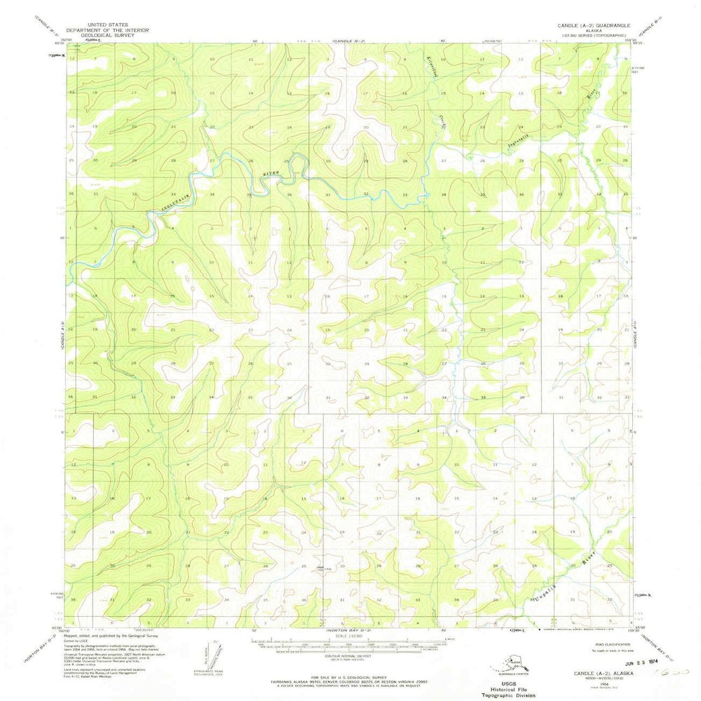 YellowMaps Candle A 2 AK topo map, 1:63360 Scale, 15 X 15 Minute, Historical, 1954, Updated 1974, 20.8 x 18.1 in - Polypropylene