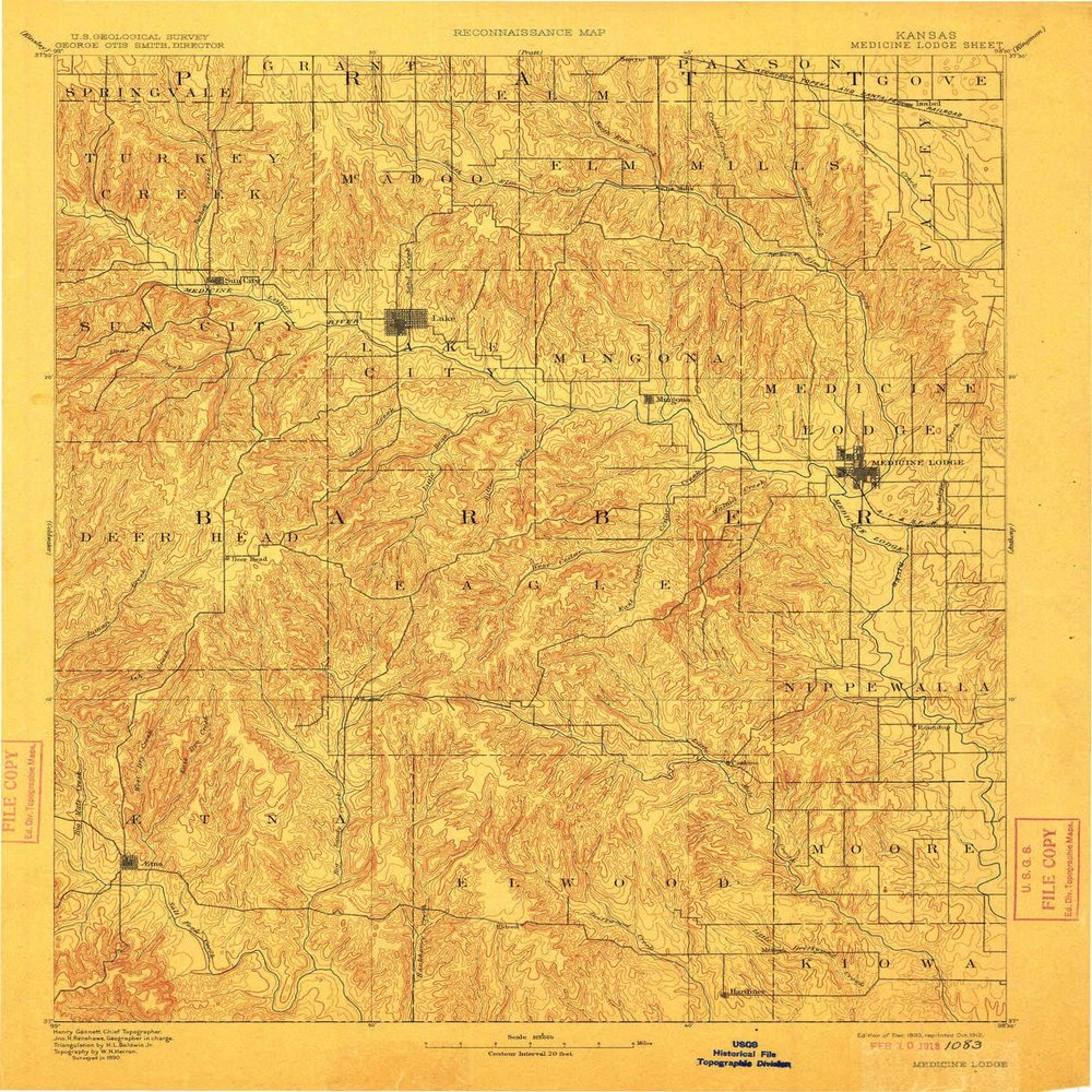 YellowMaps Medicine Lodge KS topo map, 1:125000 Scale, 30 X 30 Minute, Historical, 1893, Updated 1912, 19.75 x 16.07 in - Polypropylene