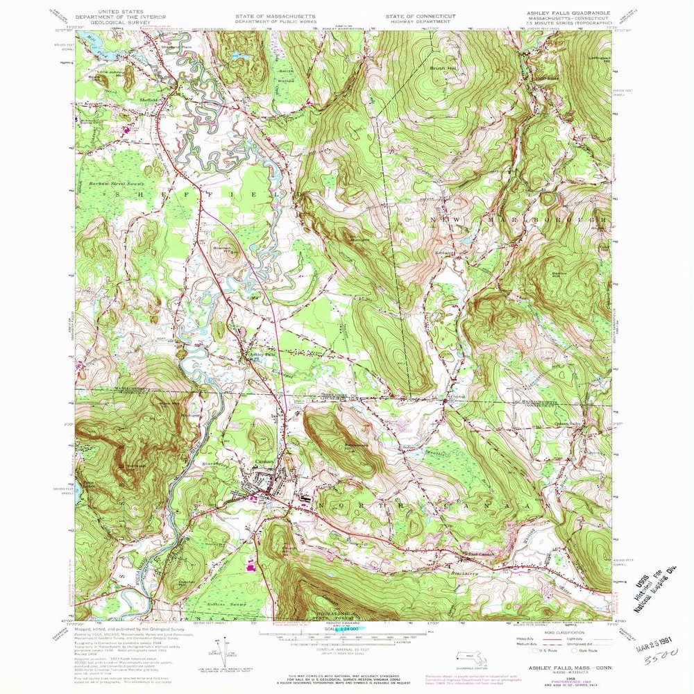 YellowMaps Ashley Falls MA topo map, 1:24000 Scale, 7.5 X 7.5 Minute, Historical, 1958, Updated 1978, 26.8 x 22 in - Tyvek