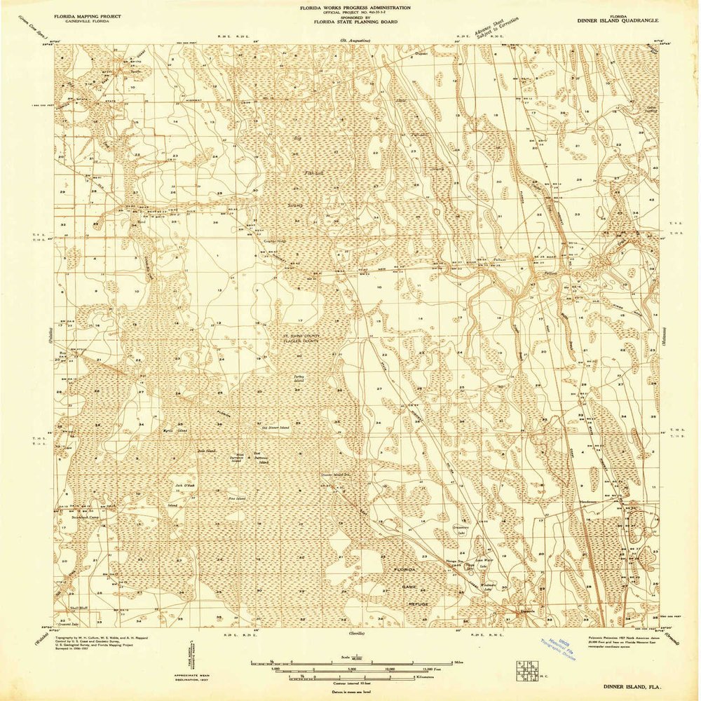YellowMaps Dinner Island FL topo map, 1:48000 Scale, 15 X 15 Minute, Historical, 1937, 27.3 x 23 in - Polypropylene