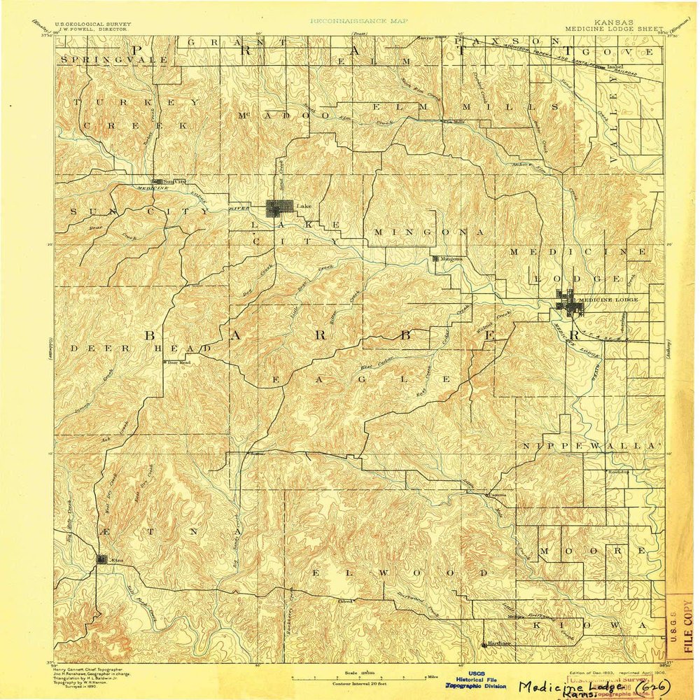 YellowMaps Medicine Lodge KS topo map, 1:125000 Scale, 30 X 30 Minute, Historical, 1893, Updated 1906, 19.49 x 16.04 in - Tyvek