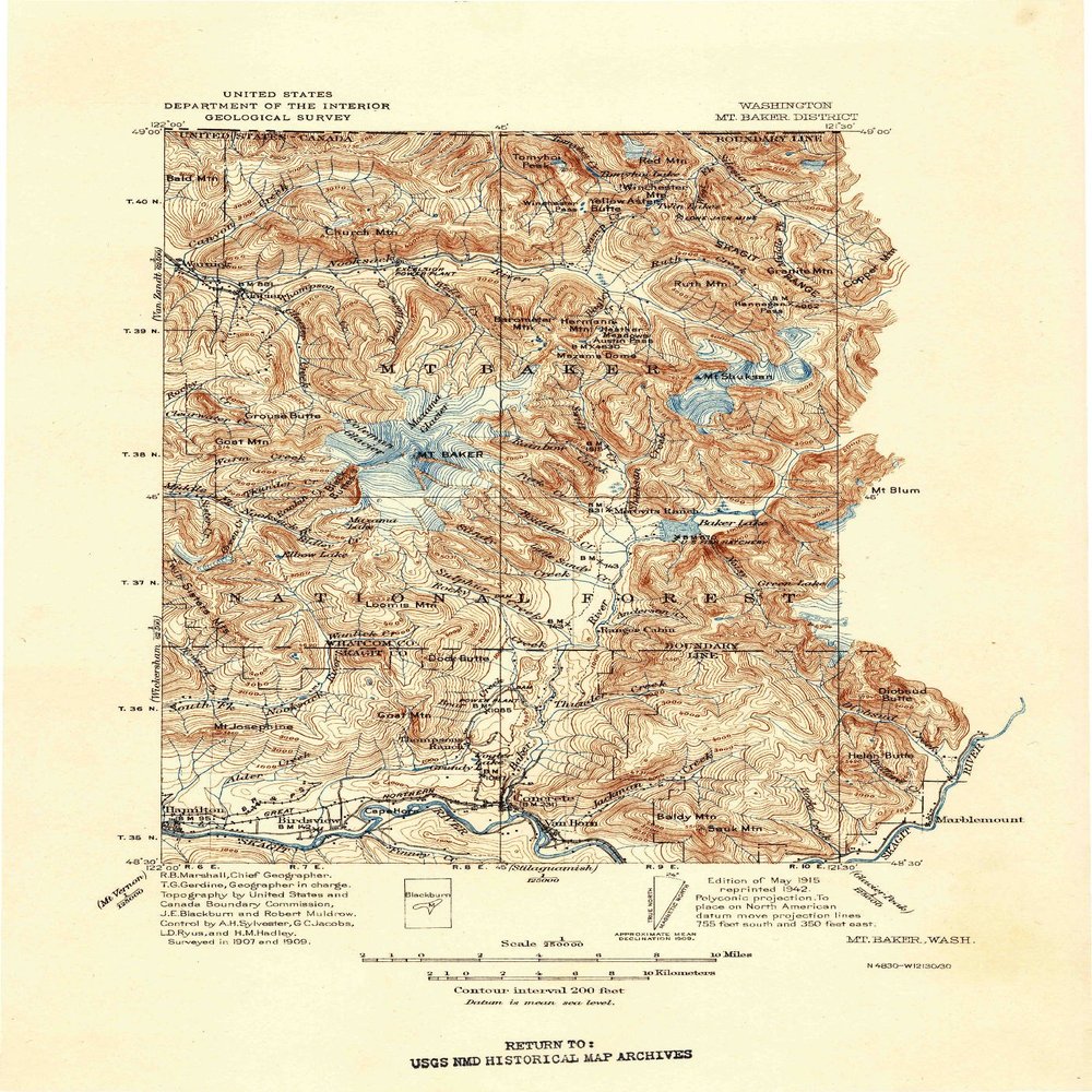 YellowMaps Mt Baker WA topo map, 1:250000 Scale, 30 X 30 Minute, Historical, 1915, Updated 1942, 13.1 x 9.4 in - Polypropylene