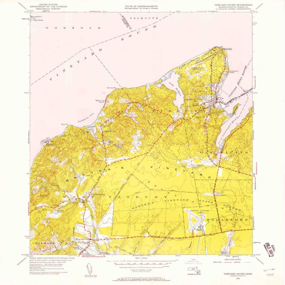 YellowMaps Vineyard Haven MA topo map, 1:24000 Scale, 7.5 X 7.5 Minute, Historical, 1951, Updated 1958, 26.8 x 21.9 in - Polypropylene