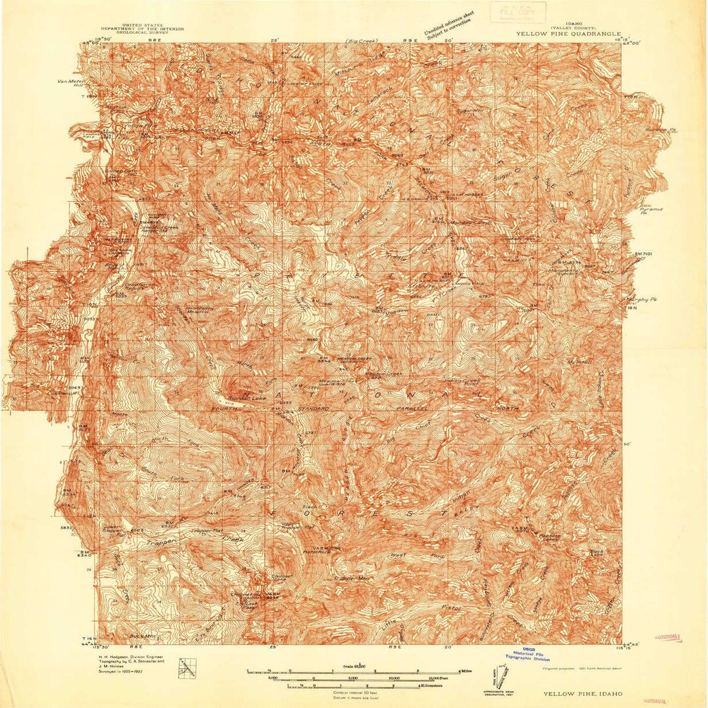 Yellow Pine ID topo map, 1:48000 Scale, 15 X 15 Minute, Historical, 1937, 26.8 x 22 in - Polypropylene