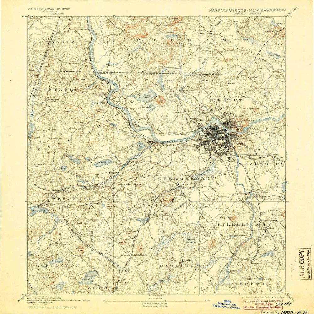 Lowell MA topo map, 1:62500 Scale, 15 X 15 Minute, Historical, 1893, Updated 1904, 19.8 x 15.8 in - Polypropylene