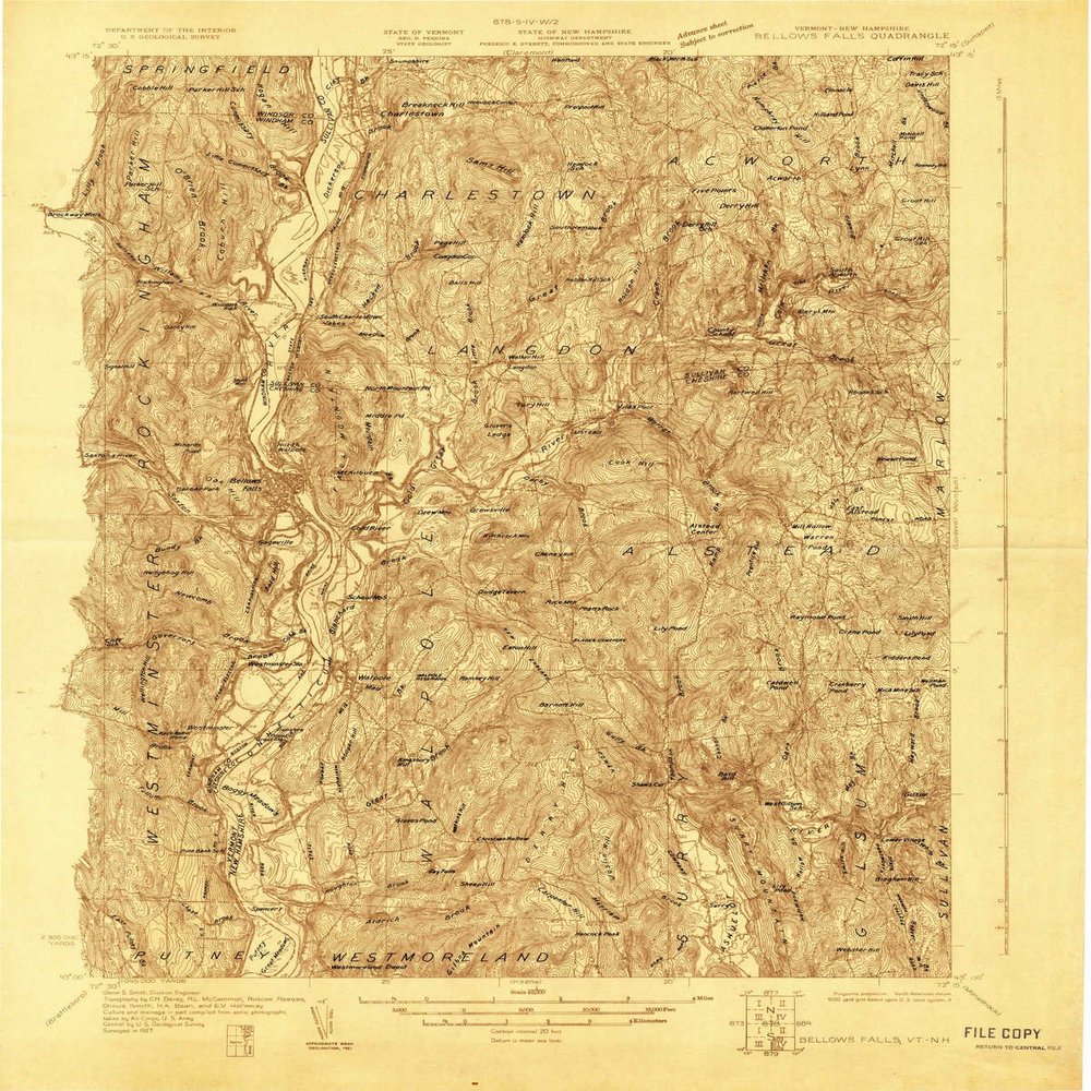 Bellows Falls NH topo map, 1:48000 Scale, 15 X 15 Minute, Historical, 1927, 27 x 21.5 in - Polypropylene