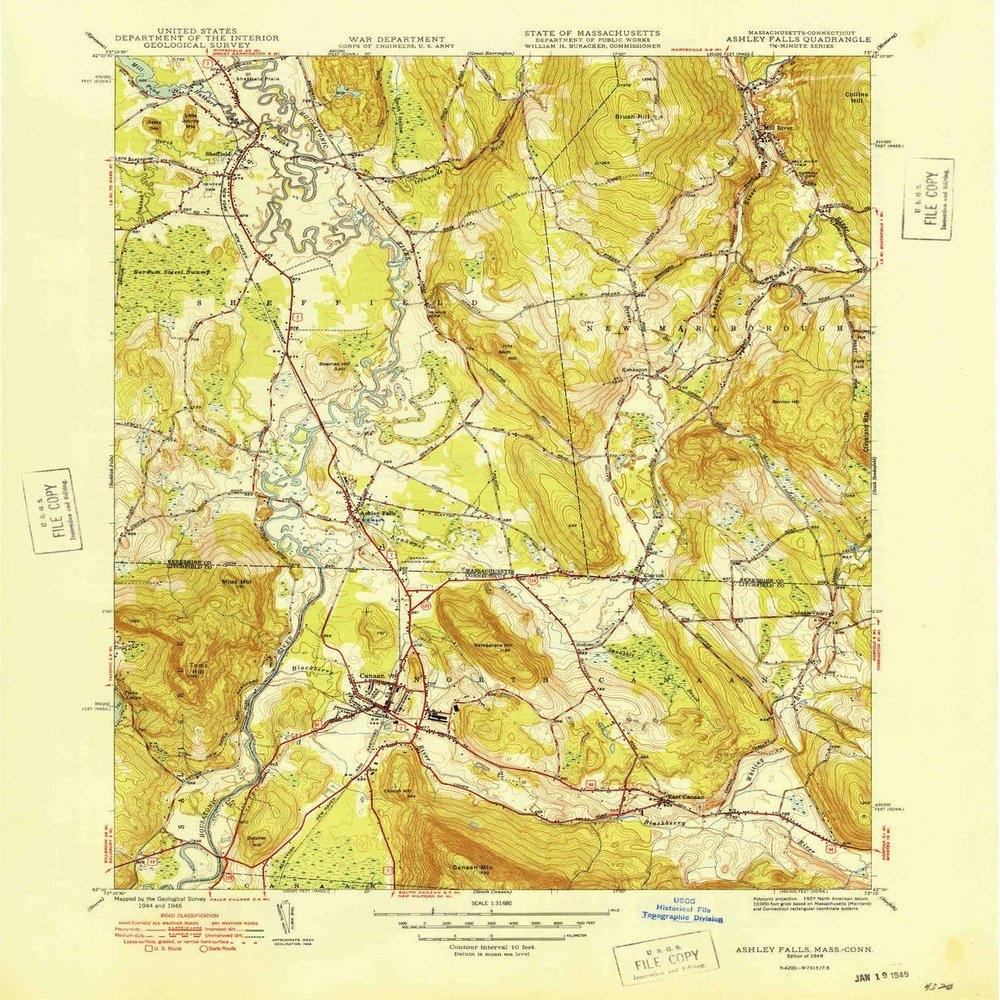 YellowMaps Ashley Falls MA topo map, 1:31680 Scale, 7.5 X 7.5 Minute, Historical, 1949, 20.7 x 17 in - Polypropylene