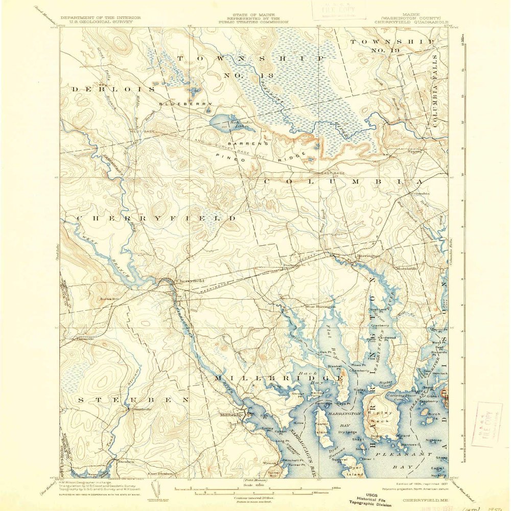 YellowMaps Cherryfield ME topo map, 1:62500 Scale, 15 X 15 Minute, Historical, 1904, Updated 1937, 19.8 x 16.5 in - Polypropylene