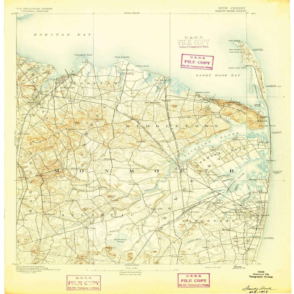 YellowMaps Sandy Hook NJ topo map, 1:62500 Scale, 15 X 15 Minute, Historical, 1893, 20.5 x 17.1 in - Tyvek