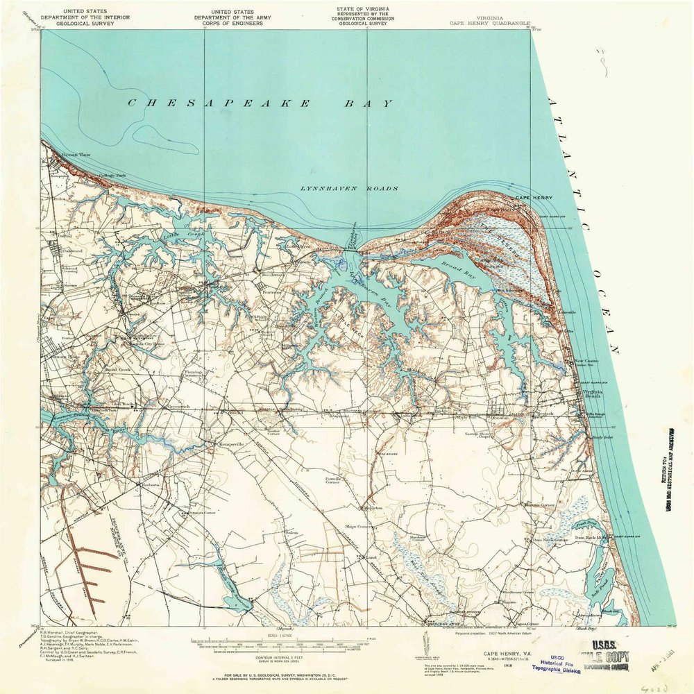 YellowMaps Cape Henry VA topo map, 1:62500 Scale, 15 X 15 Minute, Historical, 1918, Updated 1961, 20.3 x 19.9 in - Polypropylene