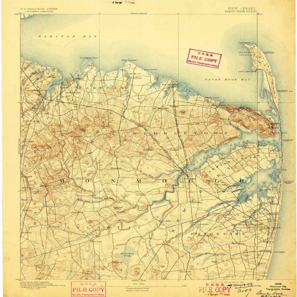YellowMaps Sandy Hook NJ topo map, 1:62500 Scale, 15 X 15 Minute, Historical, 1893, Updated 1898, 19.6 x 16.8 in - Polypropylene