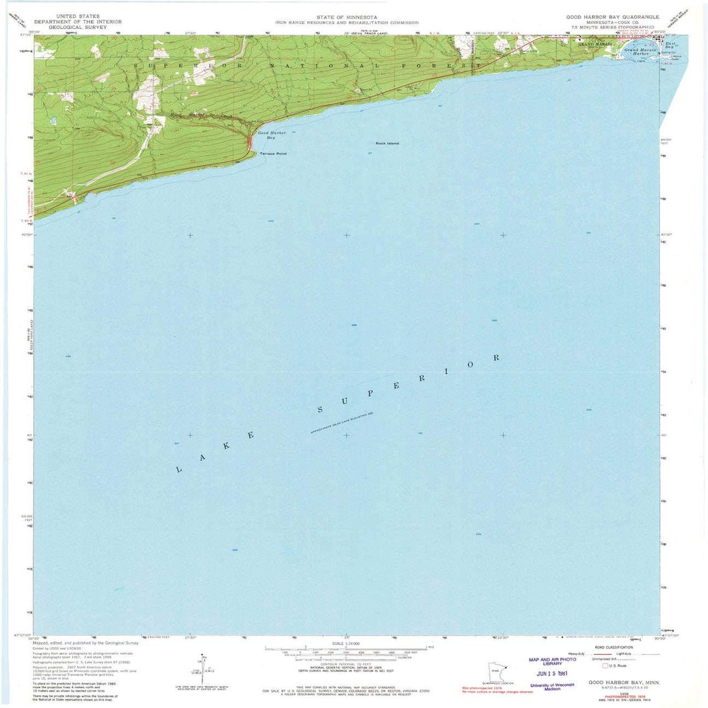 YellowMaps Good Harbor Bay MN topo map, 1:24000 Scale, 7.5 X 7.5 Minute, Historical, 1958, Updated 1981, 27.23 x 21.53 in - Polypropylene