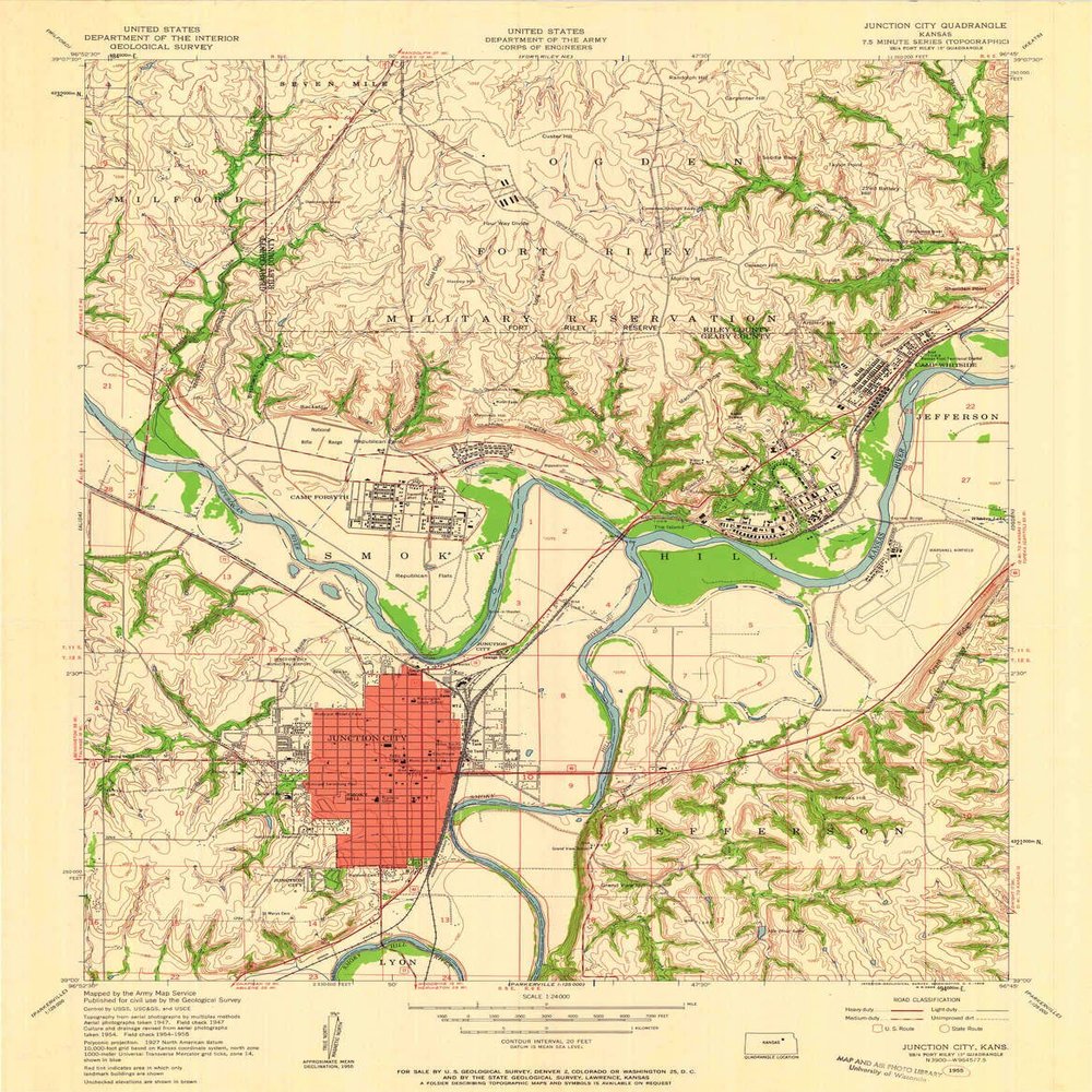 YellowMaps Junction City KS topo map, 1:24000 Scale, 7.5 X 7.5 Minute, Historical, 1955, Updated 1958, 27 x 20.97 in - Polypropylene