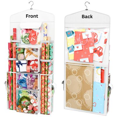 ProPik Hanging Double Sided Wrapping Paper Storage Organizer With Multiple Front And Back Pockets Organize Your Gift Wrap & Gift Bags Bows Ribbons 40X17" Fits 40 Inch Rolls (White)