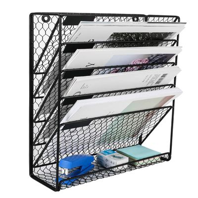 PAG Hanging Wall File Holder Mail Organizer Metal Chicken Wire Wall Mounted Literature Rack, 6 Tier, Black
