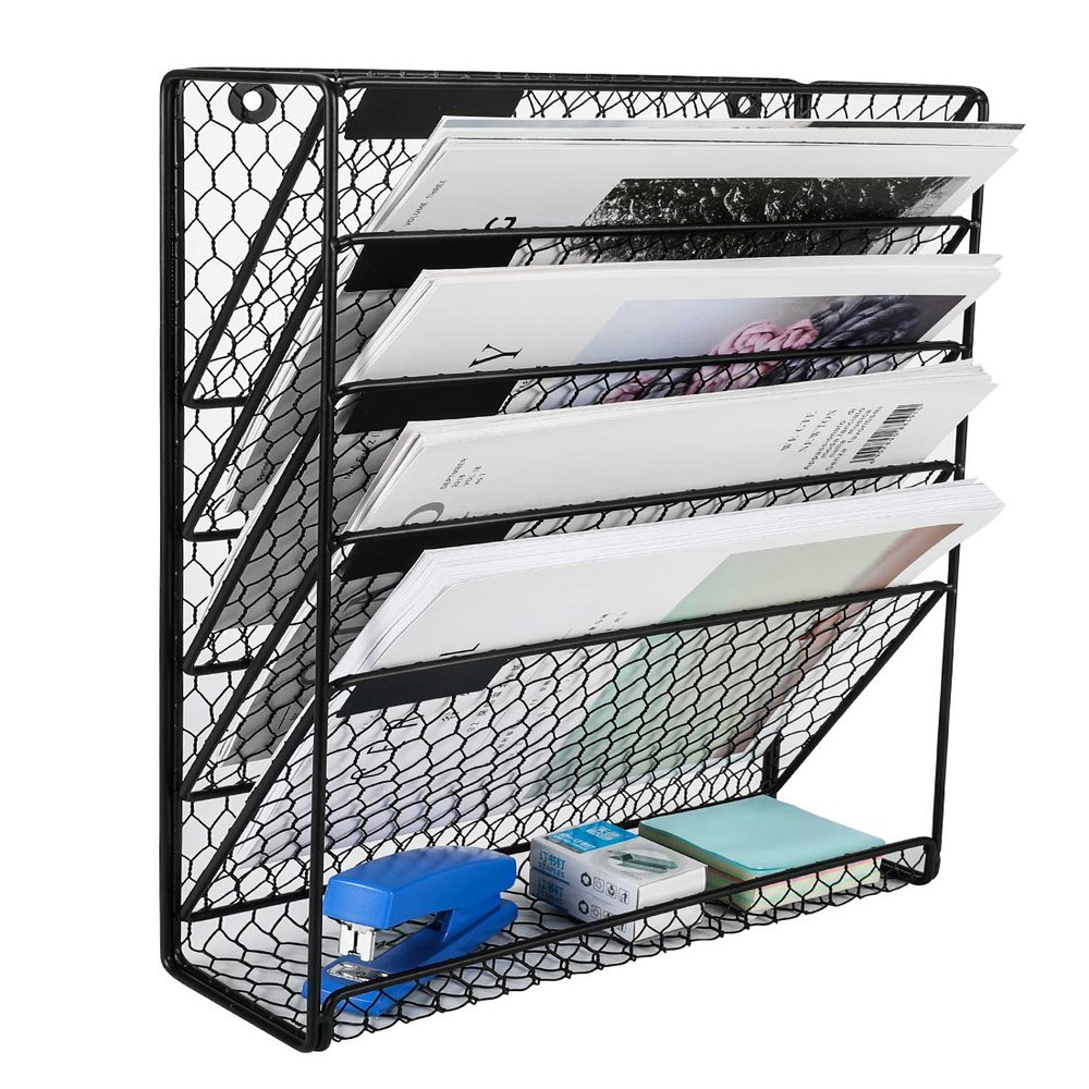 PAG Hanging Wall File Holder Mail Organizer Metal Chicken Wire Wall Mounted Literature Rack, 6 Tier, Black