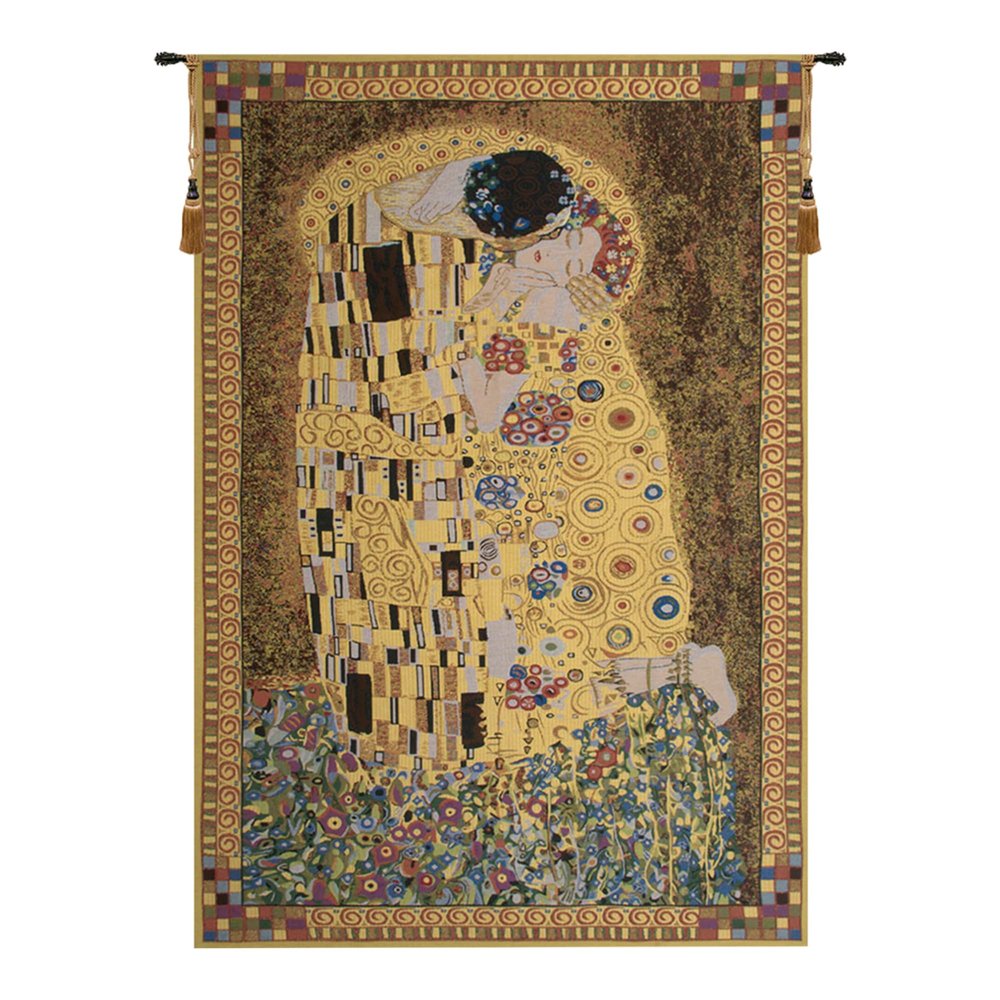 C Charlotte Home Furnishings Inc The Kiss (Yellow) Belgian Tapestry Wall Hanging | Viscose Cotton and Polyester Blend Wall Art | 16 in. x 24 in. | Home Decor Accents | Inspired by Gustav Klimt