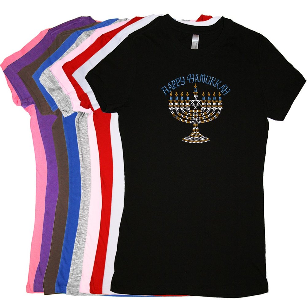 Sparkle in the Closet Menorah - Large (Blue, Silver, & Gold) - Ladies Rhinestone Hanukkah Shirt - Tight Fitting - Runs Small