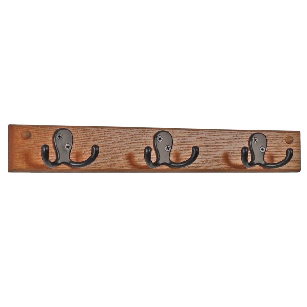 Wooden Mallet 3 Double Prong Rail, Black Hooks, Medium Oak Coat Rack
