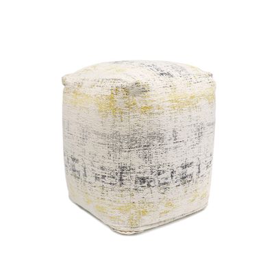 Pasargad Home Grandcanyon Premium Cotton, Cotton Pouf, Jacquard Woven- Polly Beads Stuffed Pouf- Sitting, Foot Stool- Poufs for Living Room - Luxury Room Decor, 18" x 18" x 18", Ivory/Gold