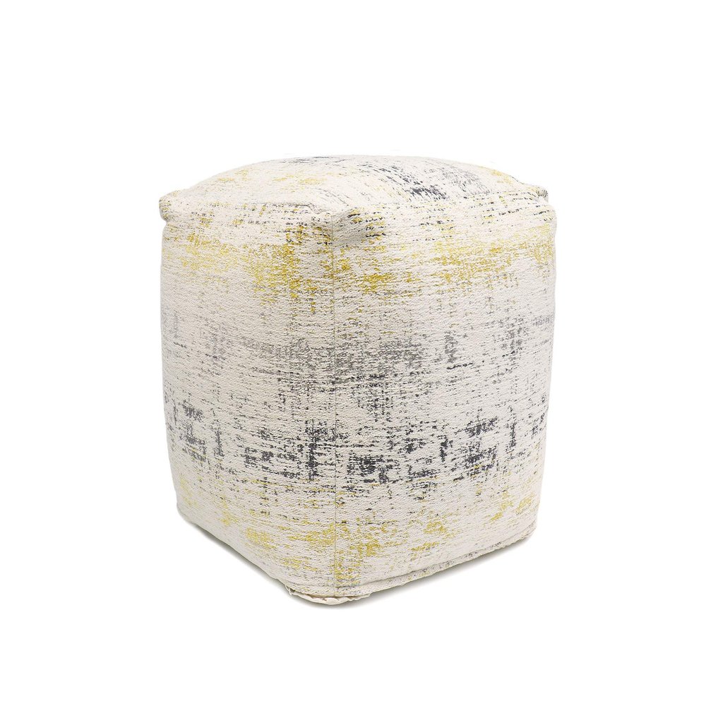 Pasargad Home Grandcanyon Premium Cotton, Cotton Pouf, Jacquard Woven- Polly Beads Stuffed Pouf- Sitting, Foot Stool- Poufs for Living Room - Luxury Room Decor, 18" x 18" x 18", Ivory/Gold