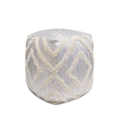 Pasargad Home Grandcanyon Cotton Shaggy Pouf, 100% Cotton Pouf, Hand Woven- Polly Beads Stuffed Pouf- Sitting, Foot Stool - Square Poufs for Living Room - Luxury Room Decor, 17"x17"x17", Ivory/Silver