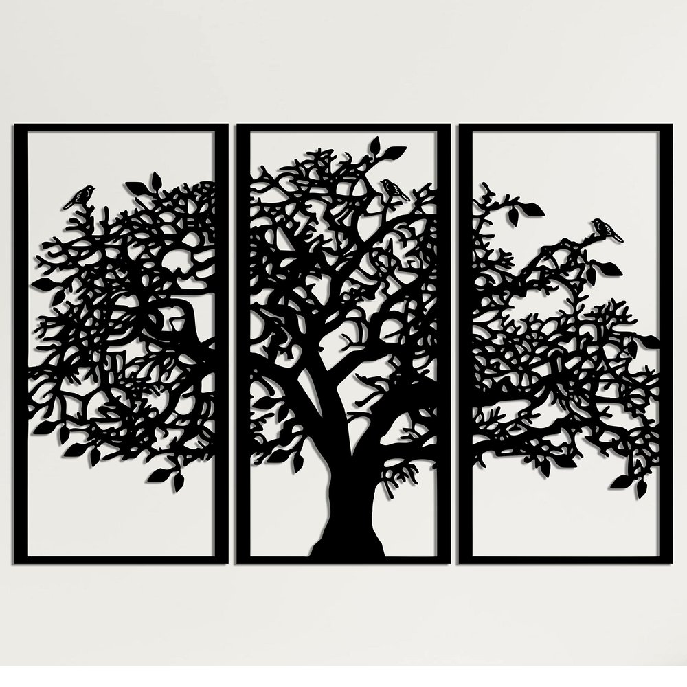 3 Panels Family Tree Metal Wall Decor Tree of Life Metal Wall Art, Home Bedroom Living Room Decor 3D Wall Art 3 Panels Family Tree Metal Wall Decor Modern Decoration (Black, 69"W x 46"H/175x117cm)