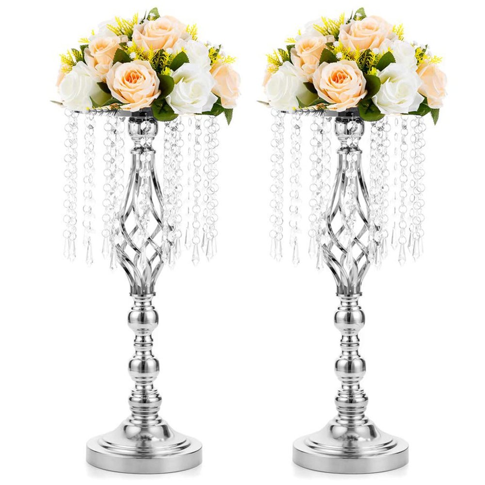 2 Pcs 19.3 inches Tall Crystal Flower Stand Wedding Road Lead Tall Flower Holders Centerpiece Crystal Flower Chandelier Metal Flower Vase for Reception Tables Wedding Supplies