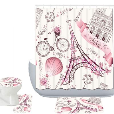 Amagical Paris Eiffel Tower Decor 16 Piece Bathroom Mat Set Shower Curtain Set Paris Tower with Pink Flowers and Butterflies Hot Air Balloon Bath Mat Contour Mat Toilet Cover Shower Curtain 12 Hooks