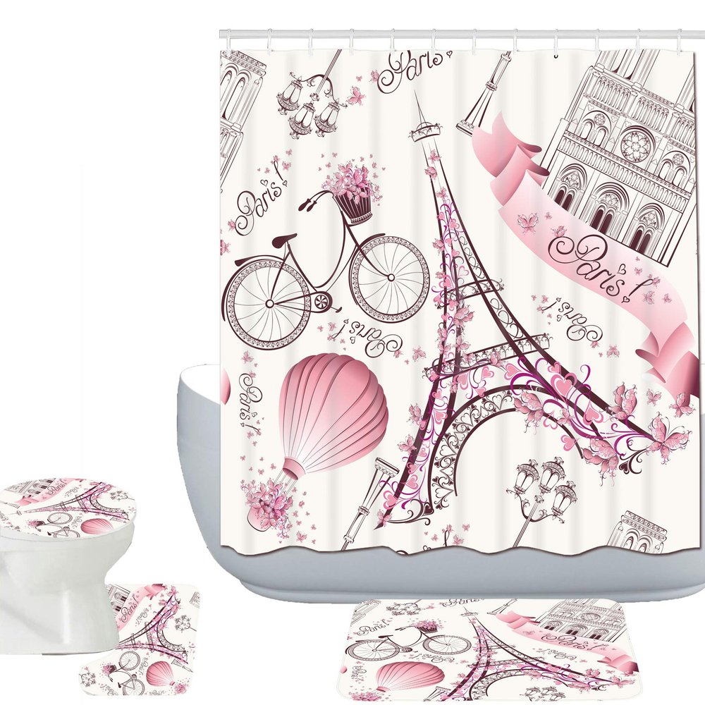 Amagical Paris Eiffel Tower Decor 16 Piece Bathroom Mat Set Shower Curtain Set Paris Tower with Pink Flowers and Butterflies Hot Air Balloon Bath Mat Contour Mat Toilet Cover Shower Curtain 12 Hooks
